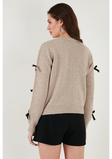 Lela Premium Regular Fit Bisiklet Yaka Fiyonk Detaylı Triko Bayan Kazak 680Kz00155 Vizon