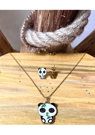 Şaşkın Panda Mineli Altın Renk Çelik Çocuk Küpe Kolye Set