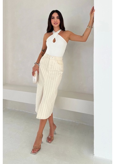 Paralel Taşlı Yırtmaçlı Denim Etek Beyaz Beyaz