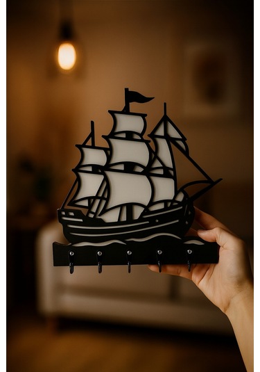 Gemi Figürlü Duvar Anahtarlık Askısı Siyah - Beyaz