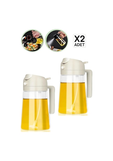 2 Adet Çift Fonksiyonlu Cam Yağdanlık 550ml Zeytinyağı Sıvıyağ Şişe Sprey Airfryer Yağlık Sirkelik - Krem