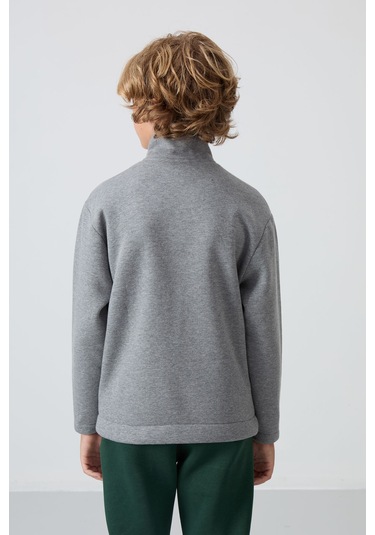 Gri Melanj Pamuklu Kalın İçi Tüylü Yumuşak Dokulu Standart Fit Nakışlı Erkek Çocuk Sweatshirt - 11245 Gri Melanj