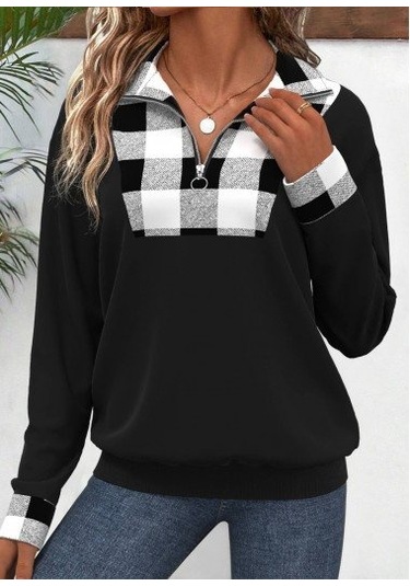 Reka Moda Kadın Uzun Kollu Yakalı Önden Fermuarlı Ekose Detaylı Viskon Iki Iplik Bluz Siyah