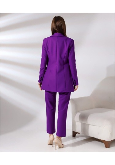 Kadın Kruvaze Blazer Ceket Pamuklu Atlak Kumaş Pantolon Takım Elbise Mor Mor