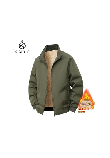 Fleece-lined, Thickened Stand-up Collar Casual Men's Jacket Yeşil