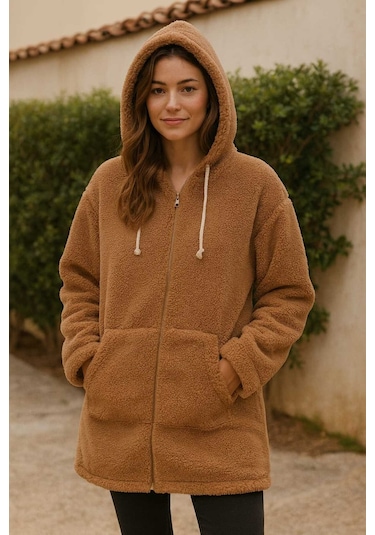 Tenra Kadın Peluş Mont Kapüşonlu Geniş Kalıp Karamel Çok Renkli
