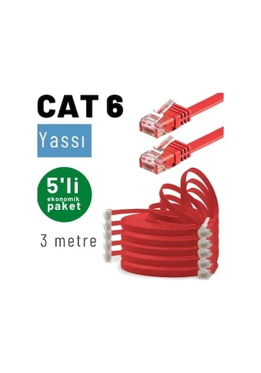 Irenıs 5 Adet 3 Metre Kırmızı Cat6 Kablo Yassı Ethernet Network Lan Ağ İnternet Kablosu
