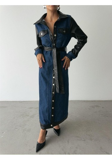 The İstanbul Kot Elbise Uzun Önden Düğmeli - Mavi Mavi