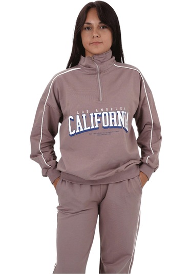 Kız Çocuk California Yazılı Yarım Fermuar Model Pudra Renk Oversize Eşofman Takımı Pudra