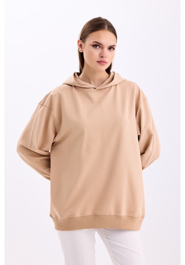 Pastelastore Pamuklu Kapüşonlu 2 İplik Baharlık Oversize Sweatshirt Bej