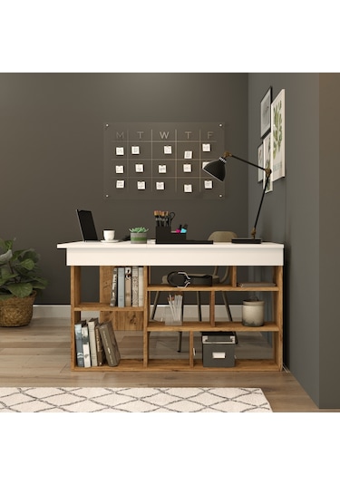 Robinhome Robin Home Boston Kitaplık Raflı Çalışma Masası L Masa Ofis Çalış Beyaz