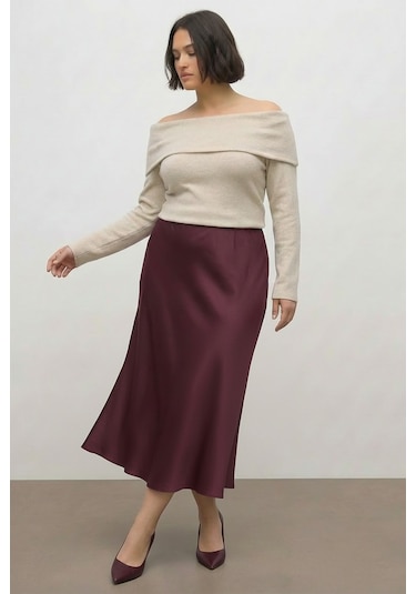 Myline Saten Midi Etek Bordo