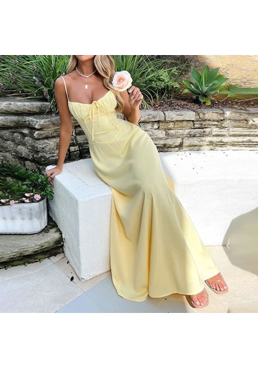 Şık A Kesim Düz Renk Orta Uzunlukta Elbise Sarı