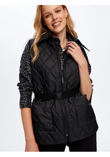 Faik Sönmez Beli Kemer Detaylı Kadın Kapitone Yelek W26kyl003 Siyah