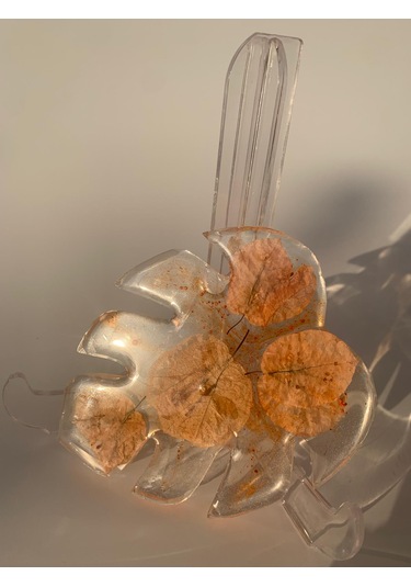 Turuncu Renk Begonvil Süslü Yaprak Desen Epoksi Bardak Altlığı Şeffaf