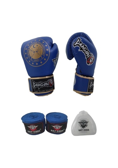 Martina Federasyon Onaylı Muay Thai Müsabaka Eldiveni Bat 2000 Bandaj Ve Dişlik 3'lü Set Mavi
