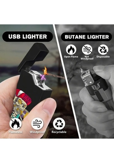 Trendooze Gaojunshop01 Siyah Rüzgar Geçirmez Usb Şarjlı Dijital Çakmak Çift Arklı Siyah Siyah