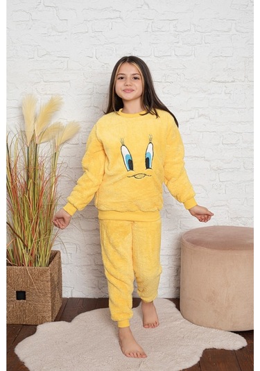 Civciv Desenli Anne Kız Çocuk Kombin Peluş Pijama Takımı Anne Kız Ayrı Satılır. Sarı