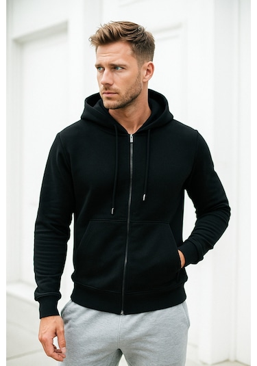 Rich Erkek Siyah Kapüşonlu Kanguru Cepli Fermuarlı Sweatshirt Siyah