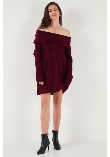 Lela Oversize Fit Kayık Yaka Uzun Kollu Mini Triko Bayan Elbise 4615218 Bordo