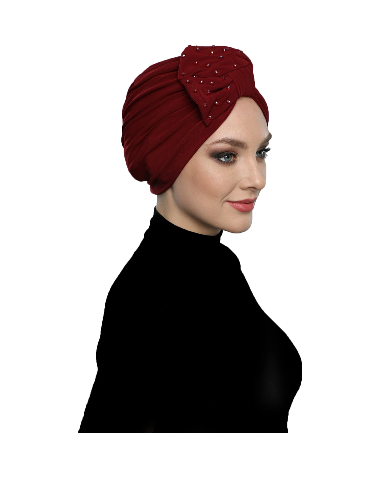 Kristal Yelpaze Taş Işlemeli Çift Taraflı Astarlı Bordo Hazır Türban Tesettür Abiye Bone Bordo