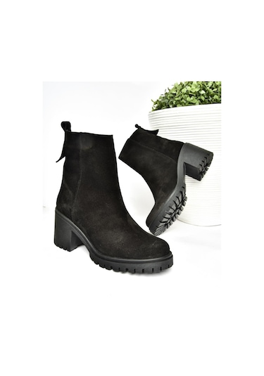 Fox Shoes R654006502 Siyah Hakiki Deri Süet Kalın Topuklu Kadın Bot Siyah