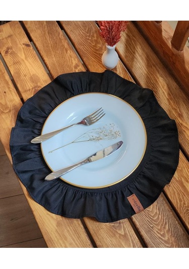 Lizbon Keten Yuvarlak Fırfırlı 2 Li Vintage Amerikan Servis Siyah 40x40