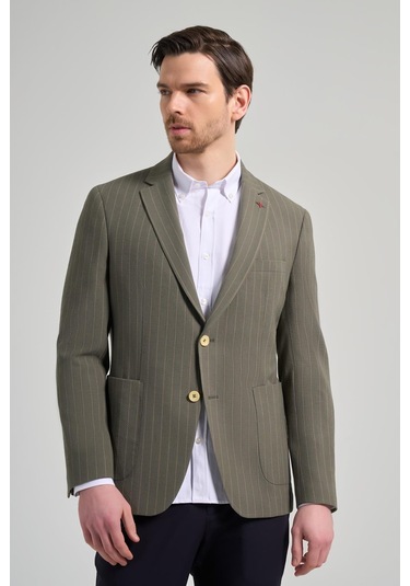 Çizgili Desen Gofreli Mono Yaka Malzemesiz Esnek 6 Drop Slim Fit Ceket 1002250122 Koyu Haki