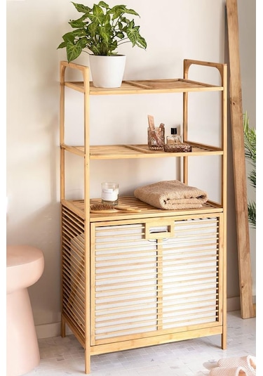 Digithome Bambu Xl Kirli Sepetli 3 Raflı Çok Amaçlı Banyo Düzenleyici Çamaşır Sepeti Organizer Db-0011 Ahşap