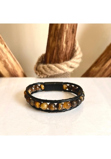 Kaplan Gözü Doğal Taş Çelik Hakiki Deri Erkek Bileklik 21 Cm Kahverengi - Siyah