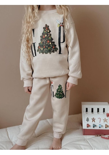 Kız Çocuk Yılbaşı Temalı 3 İplik Eşofman Takımı Ekru