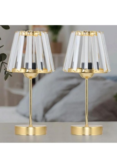 Kristal Cam Başlıklı Metal Ayaklı Gold Abajur Yatak Odası Gece Lambası Oturma Odası Aydınlatma Gold