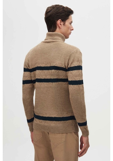 D's Damat Regular Fit Camel Çizgili Tüylenme Yapmayan Tam Balıkçı Yaka Erkek Triko Kazak 3HC0618ORTCKZK - Camel