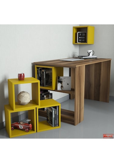 Variant Box Kitaplık Ve Çalışma Masası Takımı - Ceviz / Sarı