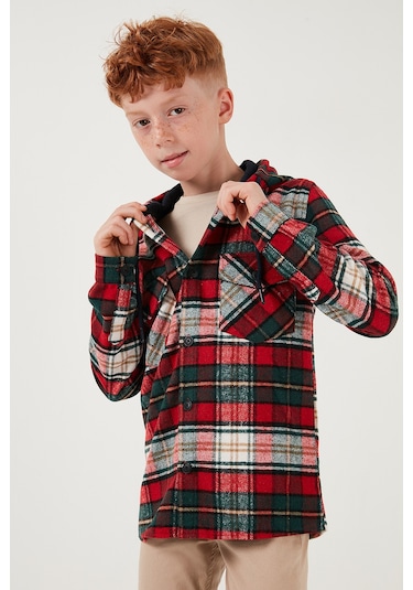 Lela Ekoseli Kapüşonlu Cepli Kışlık Oduncu Erkek Çocuk Gömlek Cf24W81779 Kırmızı-Yeşil