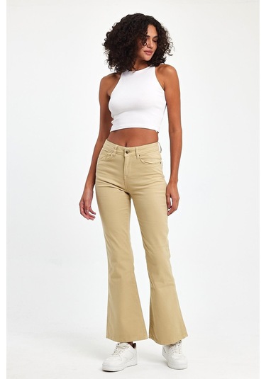 Explode - Kadın Bej Likralı 5 Cep Flare Pantolon-bej Bej