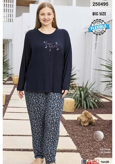 Büyük Beden Viskon Kadın Uzun Kol Pijama Takımı 250495 Laci02 Lacivert02