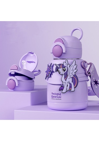 Hangfox Hasbro My Little Pony 316 Çelik Termos Bardak 600ml - Çift İçim Meme/doğru , Isı Ve Soğuk Saklama, Çocuklar İçin Mor Mor