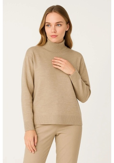 Kadın Yarım Boğaz Triko Kazak Yumuşak Dokulu Pamuklu İnce Dokuma, Uzun Kollu Rahat Regular Kalıp - B Bej