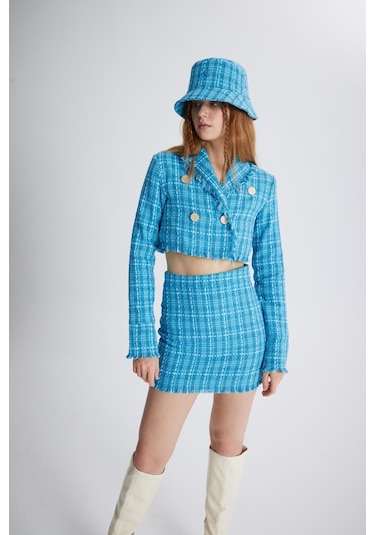 Holly Lolly Tüvit Kumaş Mini Tweed Etek Mavi