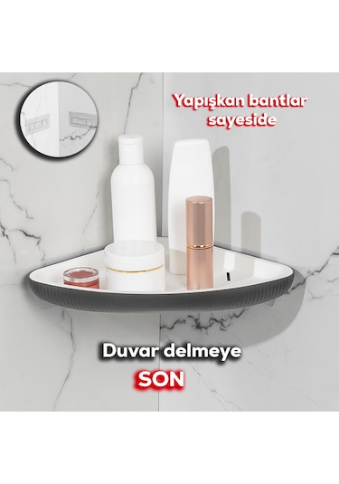 Porsima 0447 İstiridye Banyo Köşe Rafı Yapışkanlı Organizer Antrasit