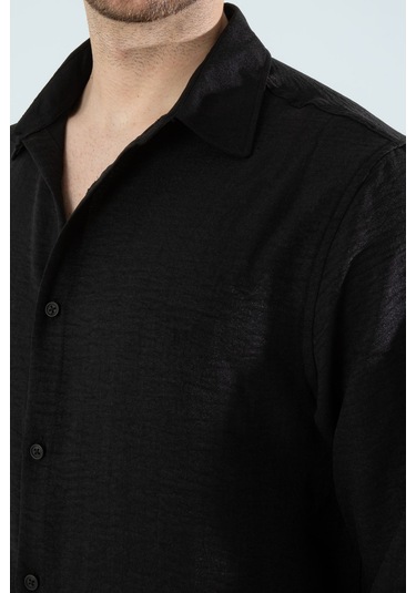 Rahat Kesim Keten Dokulu Gömlek Siyah