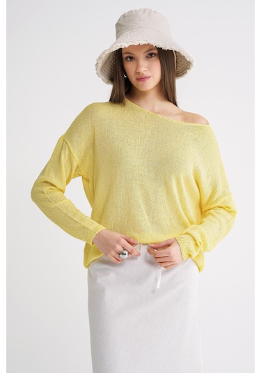 6933 Kadın Kayık Yaka İnce Mevsimlik Triko Kazak Sarı Sarı