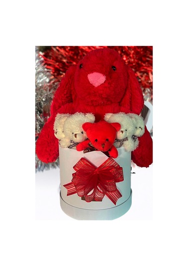 Özel Kutuda, Aşk Temalı Peluş Hediye Kutusu Kırmızı Jellycat Tavşan & 5 Mini Ayıcık Özel Tasarım