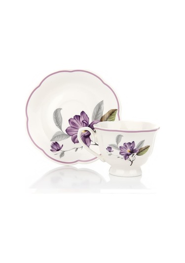 Türk Kahvesi Takımı 2 Kişilik Porselen Mor Çiçek Desenli 90 Ml Beyaz