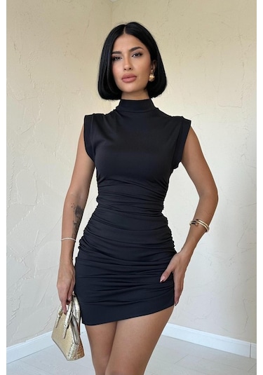 Siyah Büzgülü Kolsuz Elbise Siyah