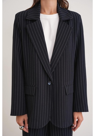 4753 Kadın Çizgili Oversize Blazer Ceket Lacivert Lacivert