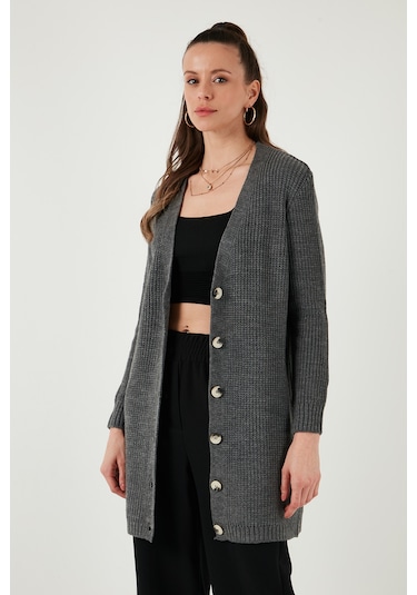 Lela Regular Fit V Yaka Düğmeli Triko Örme Uzun Bayan Hırka 4615044 Koyu Gri