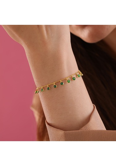 Queen Silver Jewelry 925 Ayar Gümüş Yeşil Renk Geçişli Top Zincirli Bileklik Altın