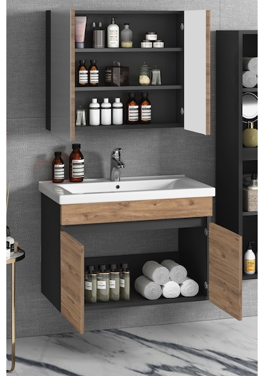 Çiğdem 80+35 Cm Antrasit Gri Mat-Atlantik Çam Mdf Seramik Lavabol Antrasit - Atlantik Çam